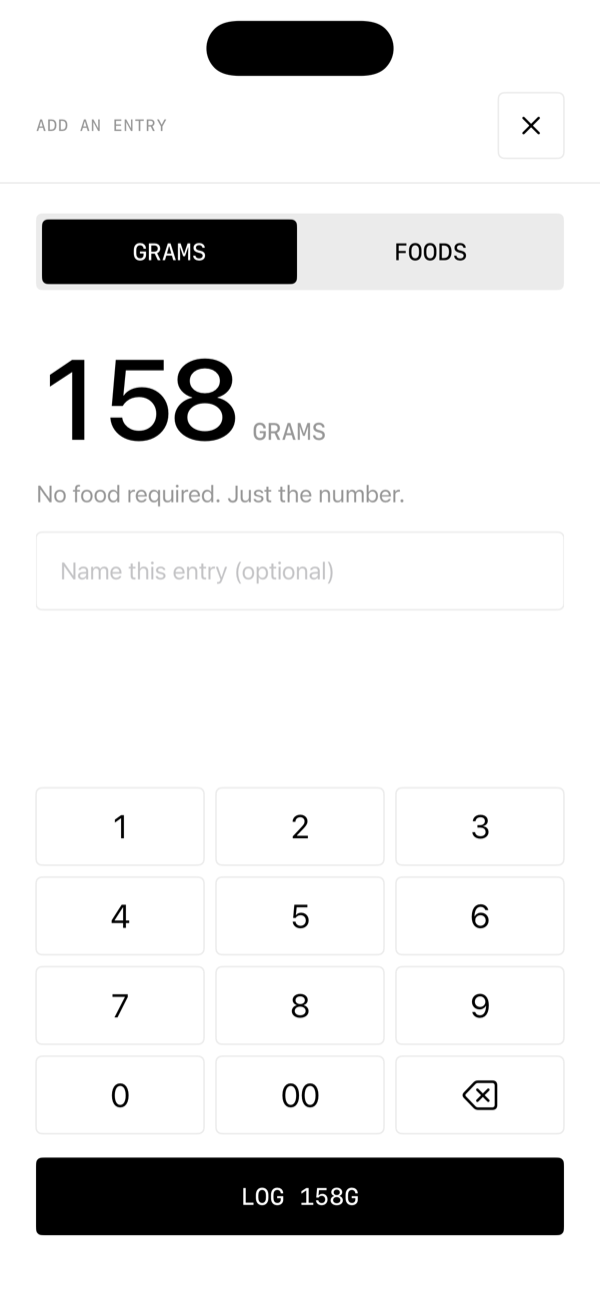 The Add screen on the Grams tab: 158 typed on the keypad, with a Log 158g button.